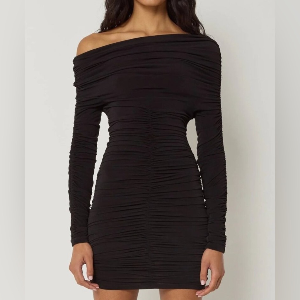 *Nwt* Khy Off Shoulder Ruched Mini Dress Xs Black Bodycon Stretchy Sexy Date